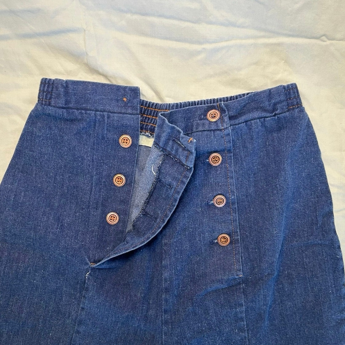 Vintage 70s Women's Denim Pants Size 12 Flared Bottom Button Front